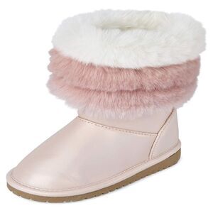 Toddler Girls Pearlized Shiny Pink & White Colorblock Fur Winter Boots Size 10